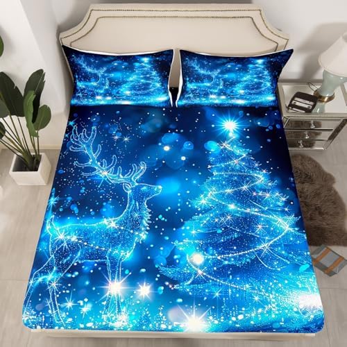 Christmas Tree Bed Sheet Set Kids Blue Girly Glitter Sheets Set 4pc Shiny Reindeer Microfiber Soft Bedding Set,1 Flat Sheet,1 Deep Pocket Fitted Sheet,2 Pillow Cases（Queen Size）