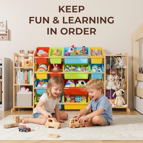 Toy Storage Organizer with Bookshelf and Stuffed Animal Storage - Playroom Organization with 3 Shelves and 16 Bins - Living Room Box for Lego - Nursery Bedroom Decor Essential