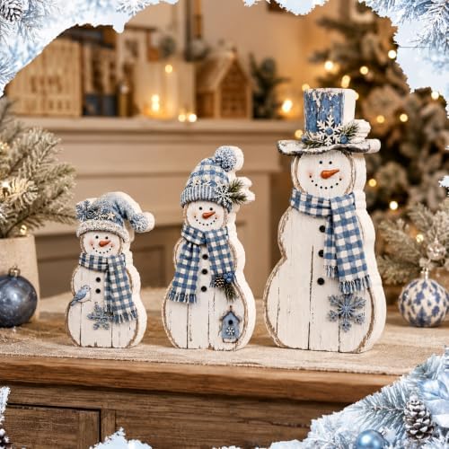 Barydat 3 Pcs Blue Snowman Table Decoration Winter Christmas Indoor Decor