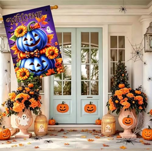 Large Halloween Blue Pumpkin Welcome House Flag for Outside 28 x 40 Inch
