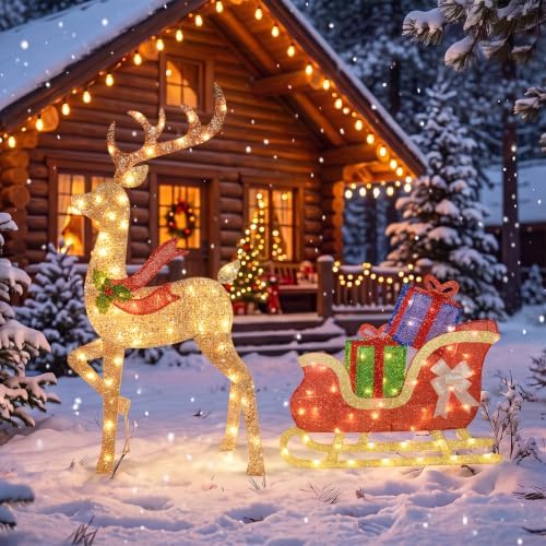 43 ‌"‌ 2.5D Lighted Christmas Reindeer with Sleigh Outdoor Decorations, Deer Pulling Gift Sled with 100 Warm White Lights, Stakes and Zip Ties for Yard Lawn Porch Garden Holiday Decor