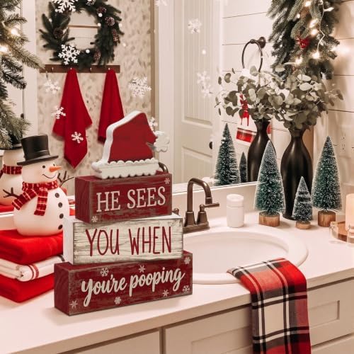 Moucuny 4 Pcs Christmas Bathroom Decorations, Funny Christmas Wooden Signs