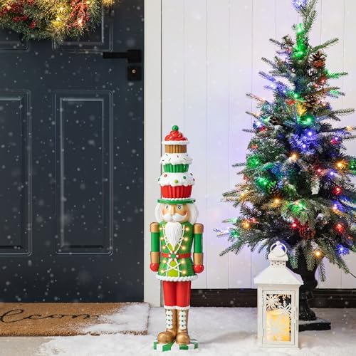 Glitzhome 28''H Lighted Resin Christmas Nutcracker with Cupcake Hat Porch Decor with Timer, Xmas Winter Patio Front Porch Indoor Outdoor Home Standing Decor