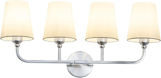 Bathroom Vanity Light, Brushed Nickel Bathroom Light Fixtures, 4-Light Lighting Fixtures Over Mirror, Modern Wall Sconce with Flared White Fabric Shade, E26 Socket(ETL Listed)