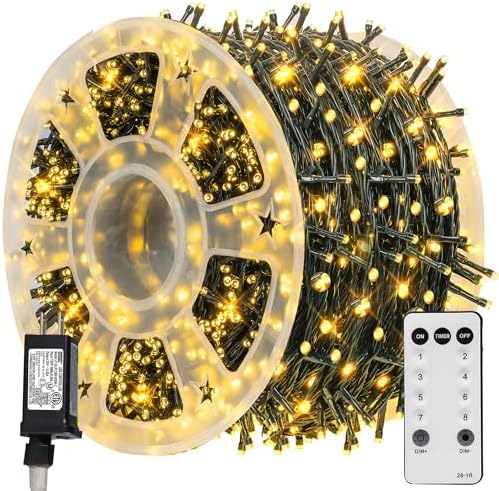TW SHINE Christmas Lights, 600 LED 196FT Christmas String Lights Plug-in with 8 Modes Timer and Remote, Waterproof Outdoor Decorations for Bedroom Wedding Party Yard Tree Decor, Warm White