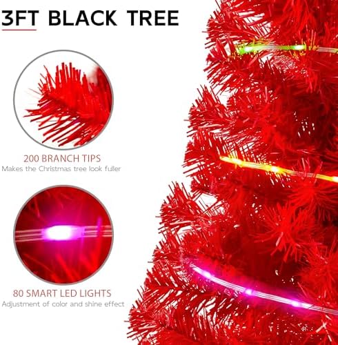 Red 3ft Christmas Tree with Lights, Small 36inch Artificial Tree Mini Table Top Decorations, Xmas Desk Tree with 80 Colored Lights, 200 Branch, Holiday Decor for Home,Indoor Office Tabletop