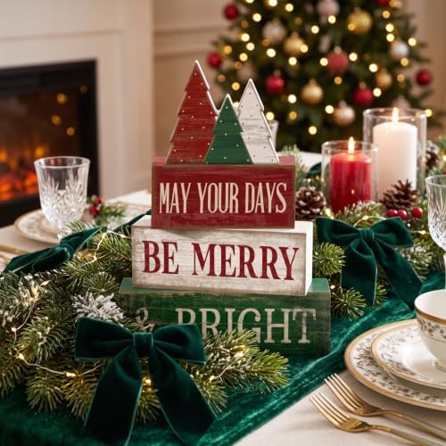 Lineshading 4 Pcs Christmas Table Decor, Wooden Tree Block Signs Home