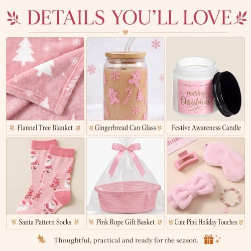 Reallnaive 11 Pcs Pink Christmas Basket Gift for Women Secret Santa Box