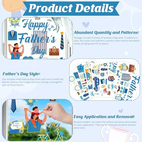 77 PCS Fathers Day Window Clings, 9 Sheets Blue Fathers Day Decorations, Double-Sided Dad Stickers for Glass Windows with Hearts Roses Patterns, Dad Decorations for Home Store Birthday Party
