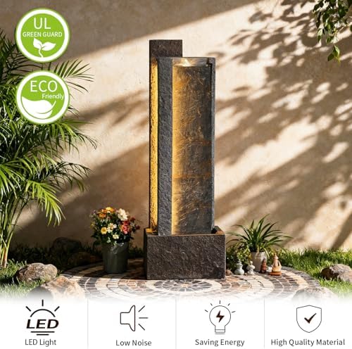 Sunlinua 43H Modern Outdoor Water Fountain with LED Light
