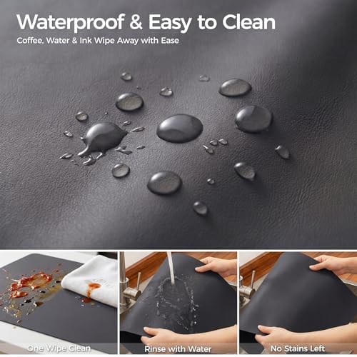 1.6mm Thick Leather 18x54 Inch Non-Slip Mat, Waterproof Countertop Protector, Kitchen Island Counter/Dinner Table Mat, Obsidian Black