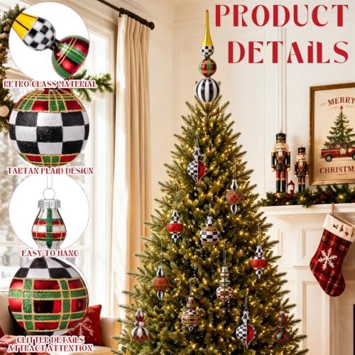 Yinder 10 Pcs Retro Christmas Glass Ornament Red Green Black White Tartan