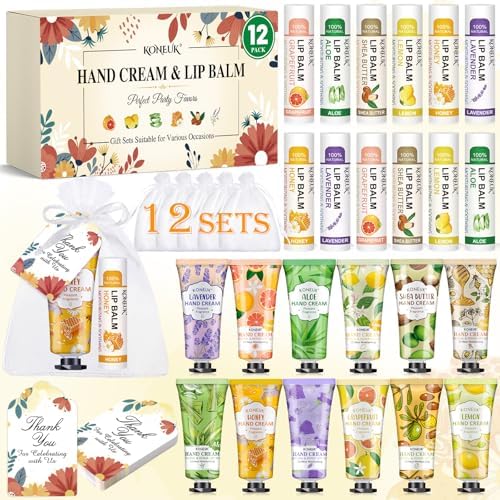 KONEUK 12 Pack Bulk Hand Cream and Lip Balm Set, Bulk Gifts for Women