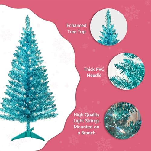 4ft Lighted Artificial Green Christmas Tree, Not Pre-lit Green Tinsel Pine Trees with Lights, Ideal for Ideal for Home, Office, and Xmas Party Décor - Includes Stand