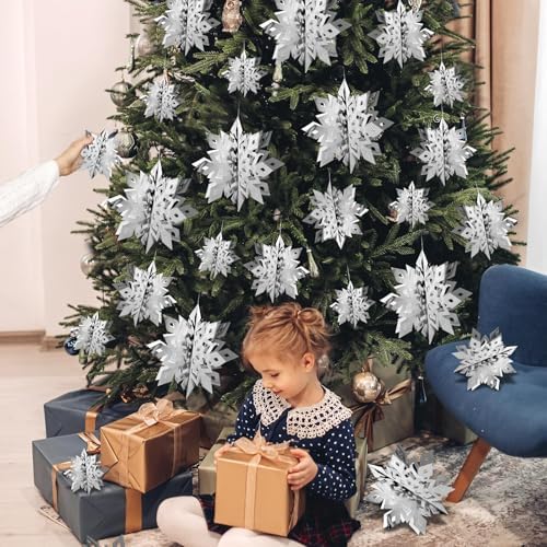 Snowflake Decorations, Paper Christmas Hanging Decor Indoor, Silver, 24-Pc