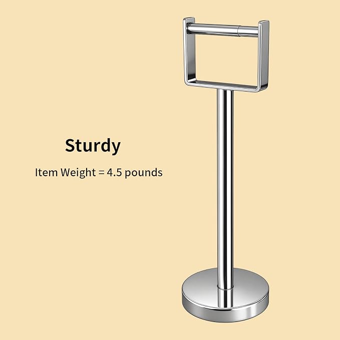 YUMORE Toilet Paper Holder Free Standing, Stainless Steel Toilet Paper Stand, Weighted Base Floor Tissue Roll Holder for Bathroom, Chrome 200UP