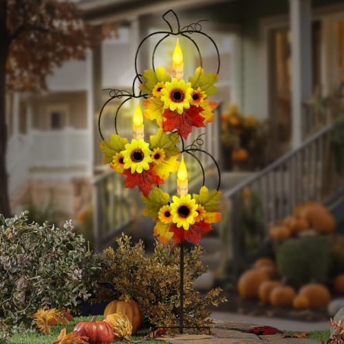 Thanksgiving Solar Lights Outdoor,Metal Trio Pumpkin LED Candles Yard Decor