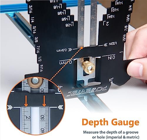 POWERTEC Universal 5-in-1 Step Depth Gauge for Measuring Chisel Angles, Drill Points, and Setting Router Bit, Saw Blade Heights – Compatible with Table Saw and Router Table – Woodworking Tools (80023)