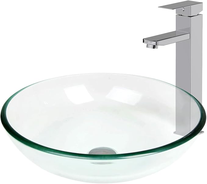 Bathroom Vessel Sink, Tempered Glass Vanity Round Bowl, Clear | Chrome Faucet, Pop Up Drain, Above Counter, Easy Clean