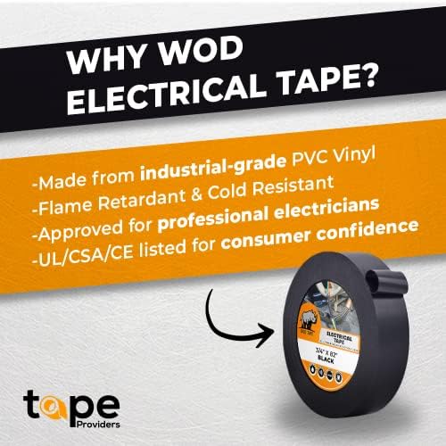 WOD ETC766MS Black Electrical Tape, 4 inch x 66 ft. UL/CSA/CE Listed Core, Rated up to 600V and 176F, 8 Mil Thick, PVC Vinyl Waterproof, Flame Retardant for Electric Wiring