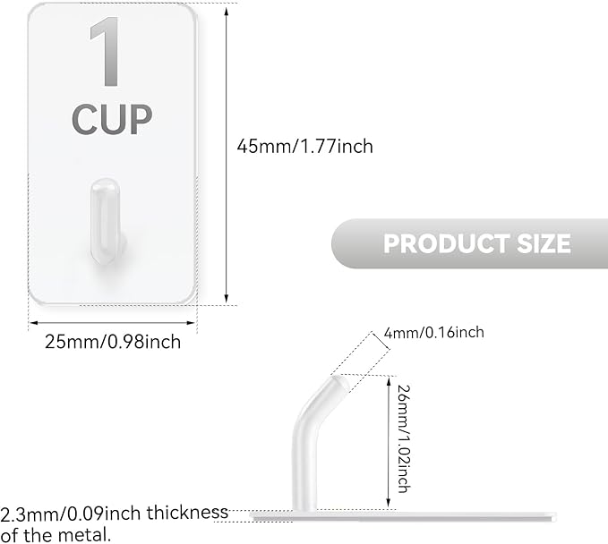 Measuring Cup and Spoon Organizer, 12 Pack Adhesive White Stainless Steel Hooks for Hanging with 6 Kitchen Conversion Chart Stickers, Kitchen Hooks for Space Saving Storage
