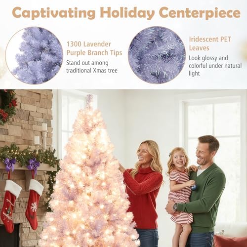 HAPPYGRILL 7.5 FT Pre-lit Tinsel Christmas Tree Artificial Xmas Tree with 550 LED Lights, 8 Modes, 1300 Lavender Purple Branch Tips, Folding Metal Stand, Seasonal Holiday Tree for Home Office Party