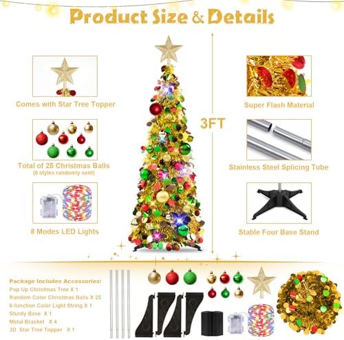 N&T NIETING Pop Up Christmas Tree with Lights & Ornaments, 3FT, Gold