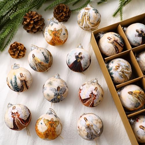 Outus 16 Pcs Christmas Tree Ball Ornaments Vintage Angel Christmas Decorations for Tree Colorful Xmas Decorative Hanging Ornaments for Farmhouse Home Fireplace Decoration Holiday Party Favors