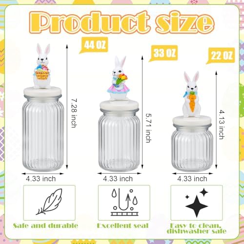Mimorou 3 Set Easter Cookie Jar with Ceramic Bunny Lid 44oz 33oz 22oz Glass Candy Jar Food Storage Canister with Airtight Lid for Easter Party Spring Tea Table Decoration