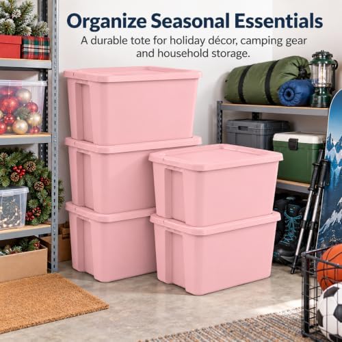 18 Gal Storage Bin with Snap-On Lid, Stackable Plastic Tote, Pink