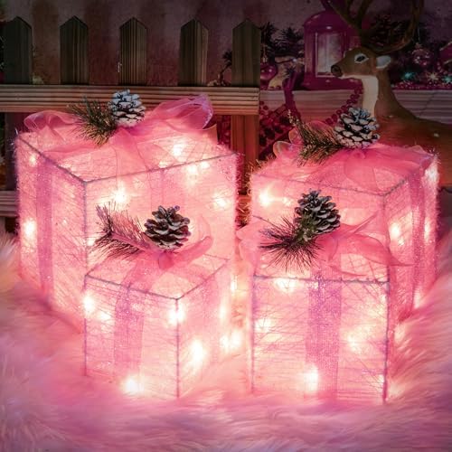 Set of 4 Christmas Lighted Gift Boxes, Pink Present Holiday Decor