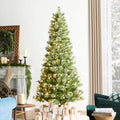Glitzhome Prelit Christmas Tree, 7.5ft Artificial Green Christmas Tree Charming Cashmere Slim Pine with 350 Warm White and Multi-Color Globe LED Lights, 9 Function w/Foot Pedal and Remote Control
