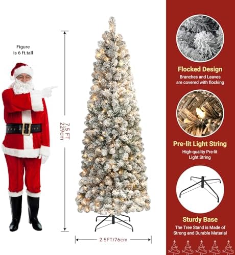 SHareconn 7.5ft Prelit Snow Flocked Artificial Slim Pencil Christmas Tree