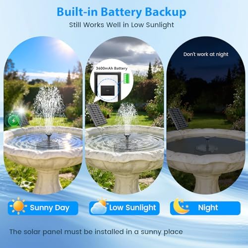 Antfraer 7W Solar Pond Filter with 3600mAh Battery Backup & Fountain Pump, Solar Water Fountain Pump with 8 Nozzles & PVC Tubing, Solar Fountain for Bird Bath, Small Ponds, Waterfall, Hydroponics