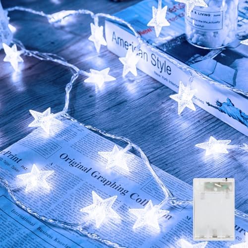 Minetom Star String Lights Battery Operated - 17 ft 50 LED Star Fairy String Lights with Timer, Waterproof for Indoor Bedroom Tent Loft Bed Patio Party Wedding Decor, White