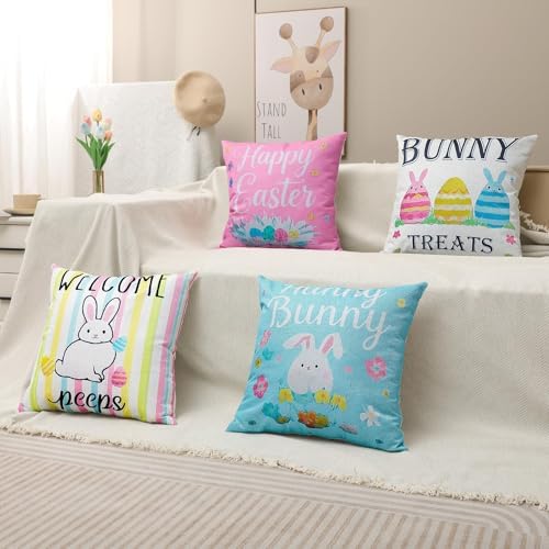Easter Pillow Covers 20x20 Inch,Easter Decorations for Home,Set of 4 Happy Easter Hunny Bunny Pink Blue Decorative Throw Pillow Covers Spring Farmhouse Decor