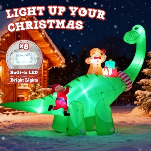 12FT Inflatable Dinosaur Santa Claus with Bright LED Lights for Yard