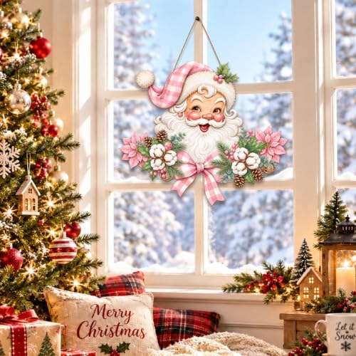 Christmas Decorations Pink Vintage Santa Hanging Wooden Sign for Front Door