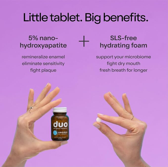 Duo Sleep Toothpaste Tablets, Melatonin and Nano Hydroxyapatite, 62 Count | Fluoride-free nHa tablets, gentle whitening, enamel remineralization, sensitivity relief, melatonin, L-theanine, plastic-free