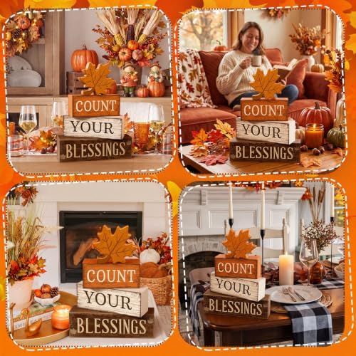 Moucuny 4 Pcs Fall Table Decoration Rustic Maple Leaf Stacked Wooden Blocks