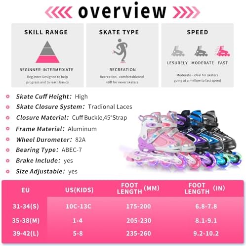 MammyGol Adjustable Inline Skates for Kids Boys Girls Youth Blades Roller Skates with Light up Wheels Ages 4-16