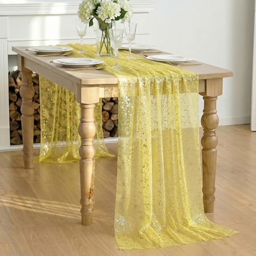 Artoid Mode Light Yellow Gold Gauze Table Runner 59x120 Inch 10FT, Glitter Metallic Foil Sheer Dining Wedding Anniversary Holiday Birthday Table Decor for Home Party