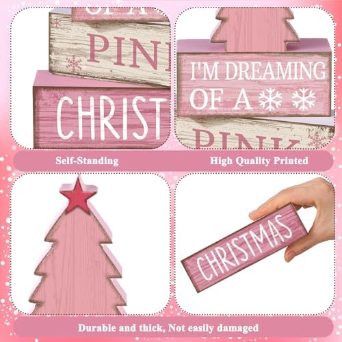 Lineshading 4 Pcs Pink Christmas Table Decor, Wooden Christmas Tree Signs