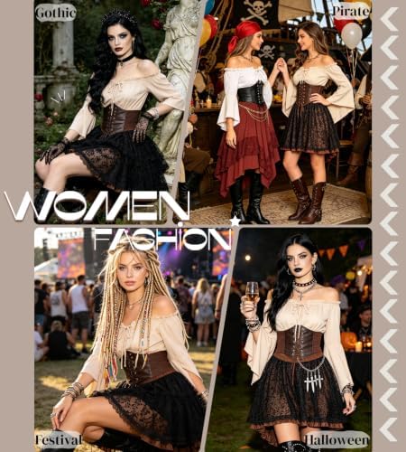 Verceco Pirate Costume Women Outfit with Renaissance Pirate Shirt Skirt Corset Waist Belt Womens Halloween Pirate Costumes (Beige+Coffe Black, S)