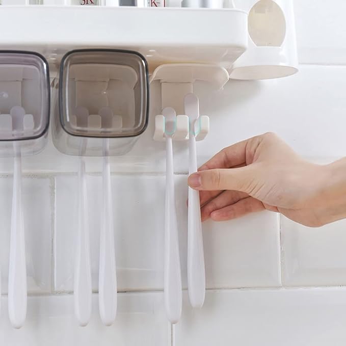 Toothbrush Rack Wall Mounted Toothbrush Holder with Mouthwash Cup for Storage Rack Bathroom Accessory Rack with Toothpaste Squeezer Kit Bathroom Toothbrush Holder(A)