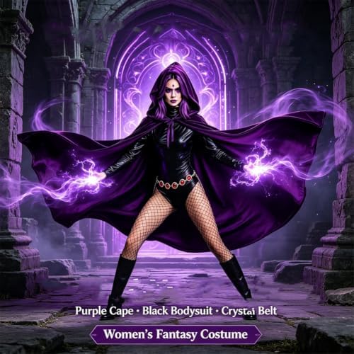 YAQIZENG Purple Velvet Hooded Cloak Costume for Women Adult Halloween Costumes with Bodysuit Black Tights Belt Outfits