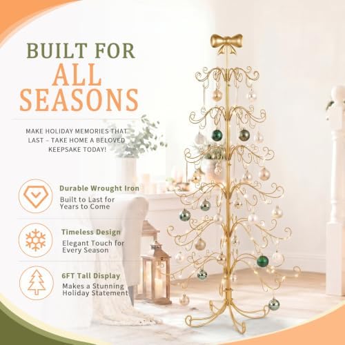 6ft Wrought Iron Christmas Tree, Bow Topper, for Hanging Ornaments, Gold