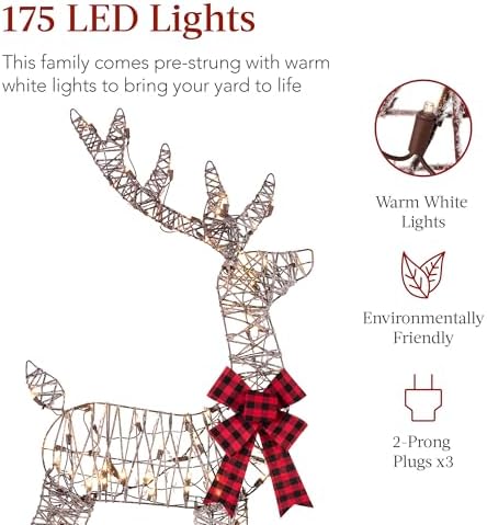 Best Choice Products 4ft 3-Piece 2D Lighted Christmas Deer Family Set, Large Outdoor Yard Reindeer Holiday Decoration with 175 LED Lights, Stakes, Zip Ties - Rattan