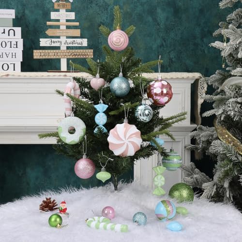 105Ct Pastel Christmas Ornaments Set Shatterproof Candy Theme Hanging Decorations for Xmas Tree, Donut Cane Assorted Ornaments for Holiday Festival Family Decor (Pastel)