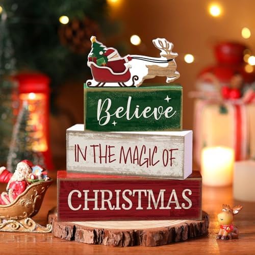 Lineshading 4 Pcs Christmas Table Decorations Wooden Stacked Block Santa